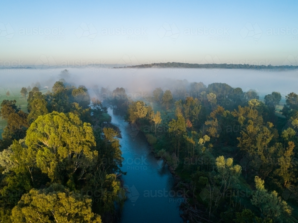 First morning light on treetops beside river at dawn with mist rolling over land - Australian Stock Image