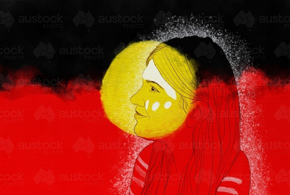 First Nations Australian woman on Aboriginal flag - Australian Stock Image