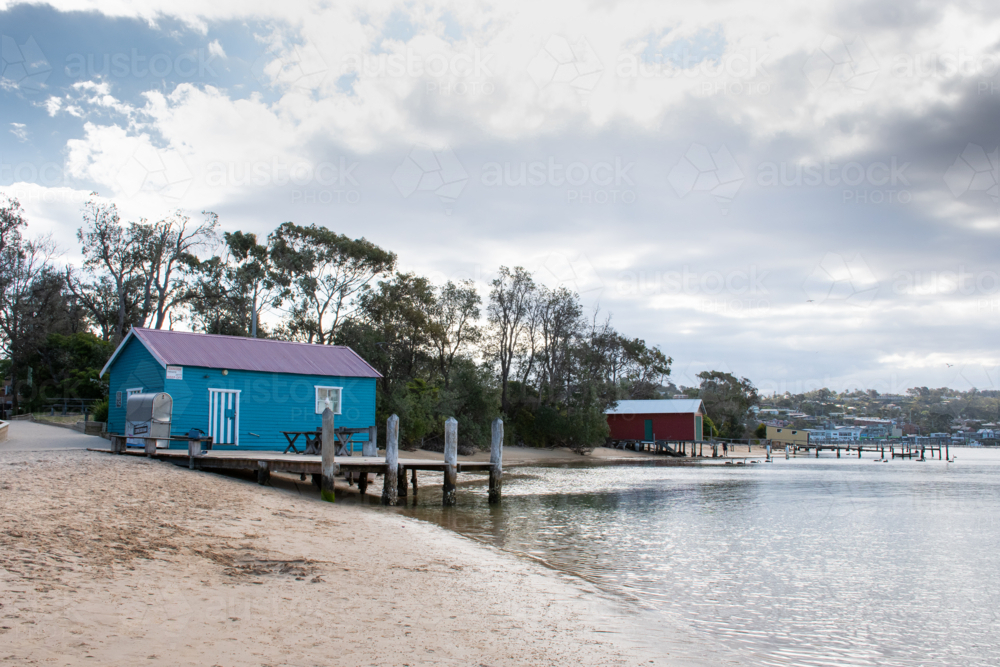 Fishing shacks along the beach at Merimbula - Australian Stock Image