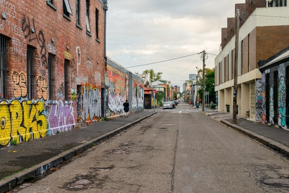 Fitzroy urban scene with one distant person walking away - Australian Stock Image
