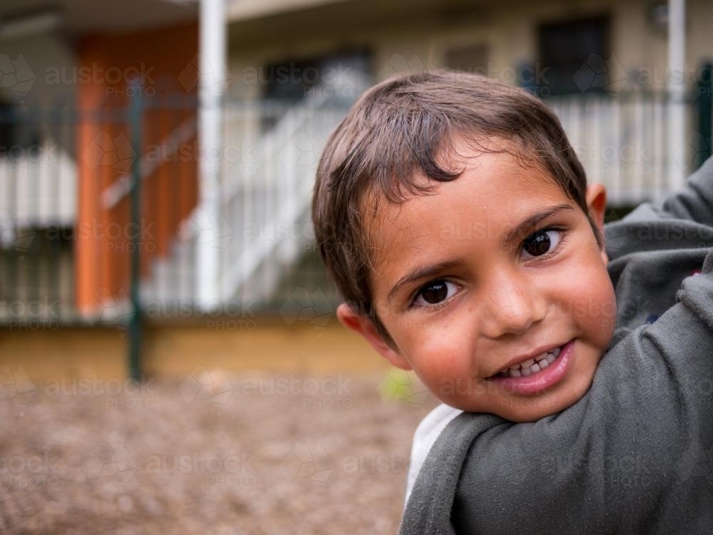 Five Year Old Aboriginal Boy Looking at Camera - Australian Stock Image