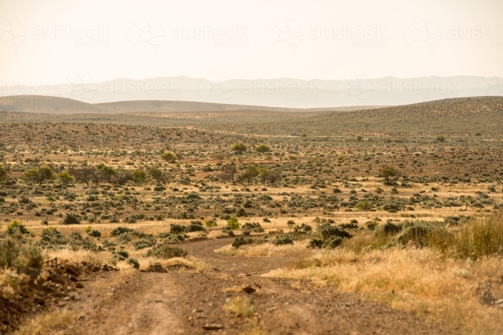 Flat dry landscape with scrub and hills in the background - Australian Stock Image