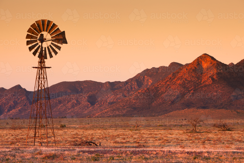 Flinders Ranges Landscape with windmill - Australian Stock Image
