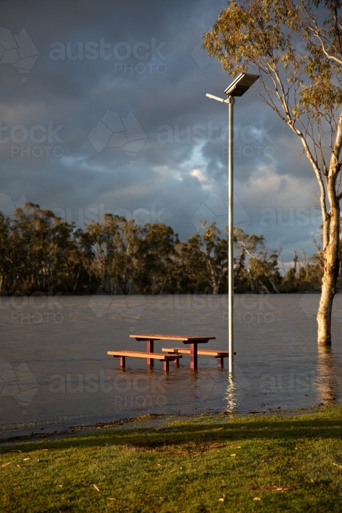 Flooded Murray River picnic table - Australian Stock Image