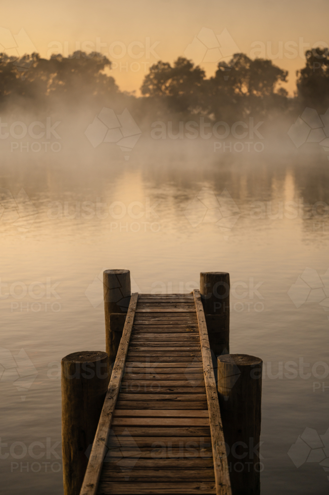 Fog mist morning on river at Mannum - Australian Stock Image