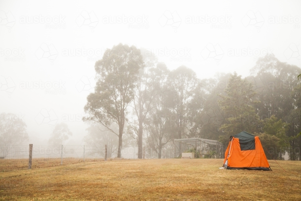 Fog shrouded tent in a farm paddock on a misty morning - Australian Stock Image