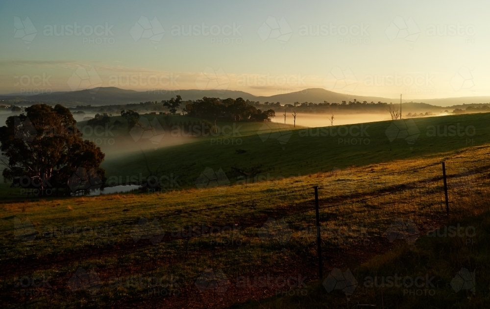 Foggy Farmland on a Autumn Morning in Strathewen - Australian Stock Image