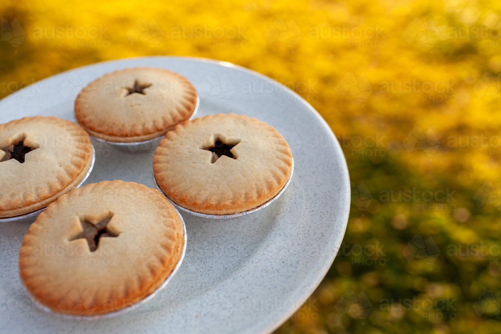 Image of Four fruit mince pies on plate for backyard Christmas party ...