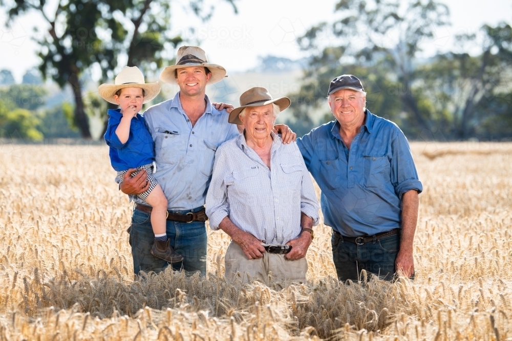Four generations of farming family in wheat crop - Australian Stock Image