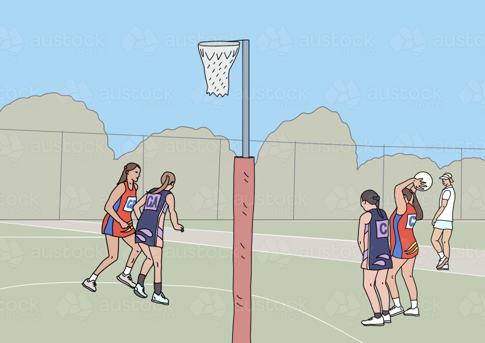 Four teenage girls playing netball on court with umpire in background - Australian Stock Image