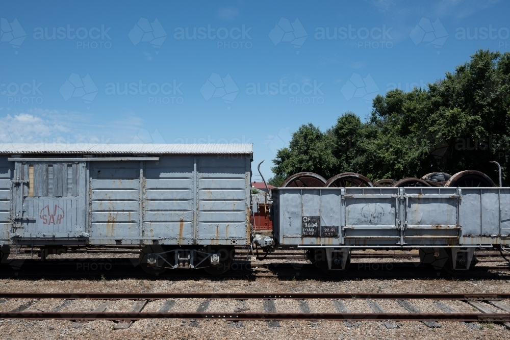 Freight wagon parked in a railway station with multiple railway tracks in Strathalbyn. - Australian Stock Image
