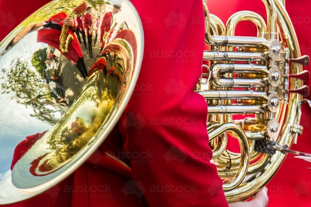 Image of French horn player in the ANZAC Day march Austockphoto