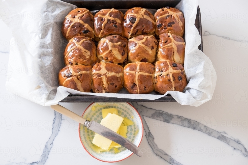 Fresh baked hot cross buns - Australian Stock Image