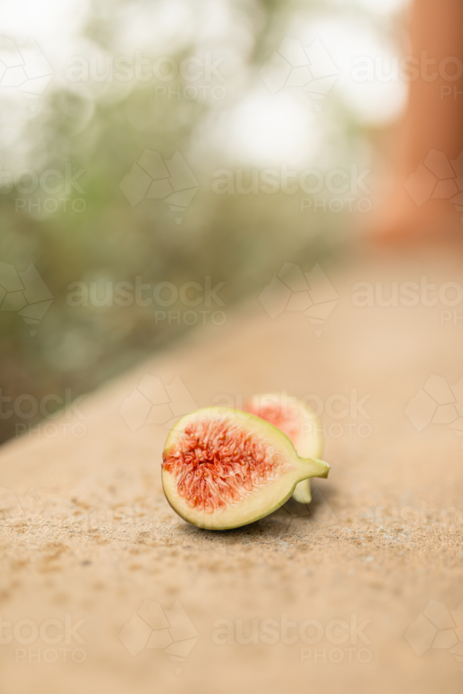 Fresh fig fruit cut in half in natural garden setting with copy space - Australian Stock Image