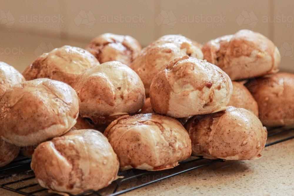 Fresh hot cross buns for Easter - Australian Stock Image