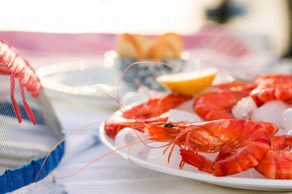Fresh seafood on ice and rose with a water view - Australian Stock Image