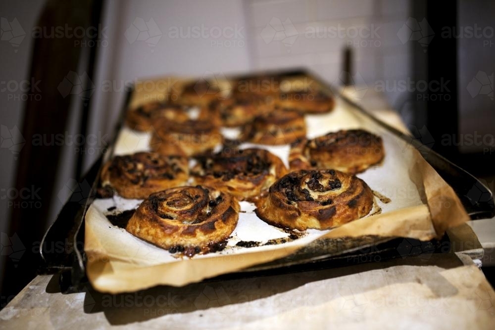Freshly baked pastry scrolls on baking tray - Australian Stock Image