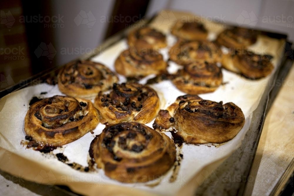 Freshly made pastries on a tray just out of the oven at a bakery cafe - Australian Stock Image
