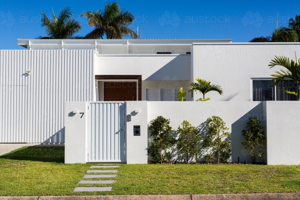 front gate and path of a modern white home - Australian Stock Image