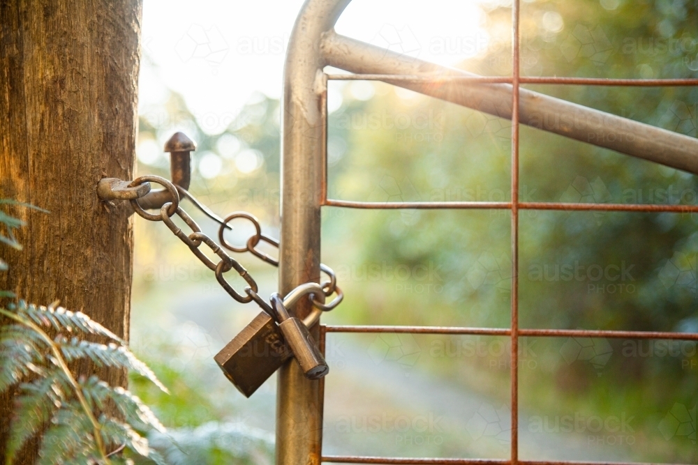 Front gate of property with chain latch and lock on gate - Australian Stock Image
