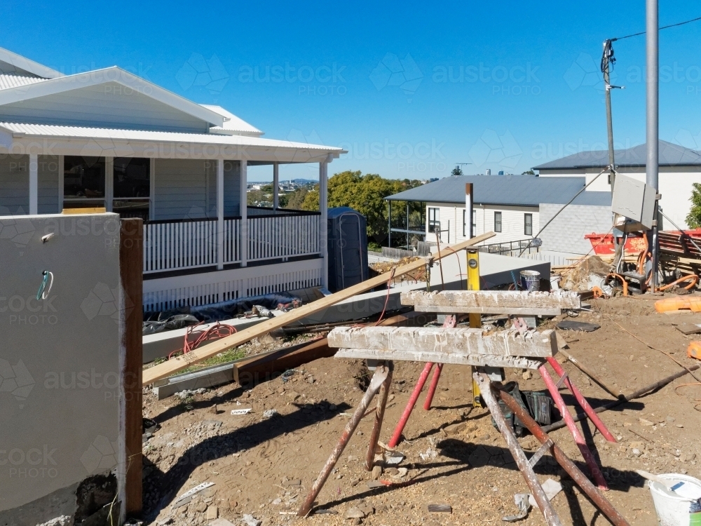 Front of brand new house, never lived in and still under construction, nearly completed - Australian Stock Image
