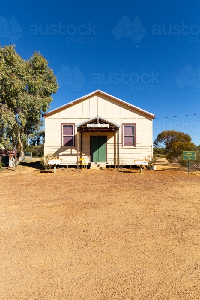 front view of old community hall in the Wheatbelt with space in foreground - Australian Stock Image
