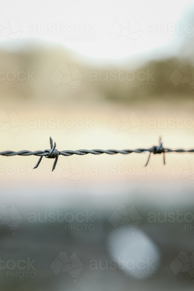 Frost on farm barbed wire fence close up - Australian Stock Image