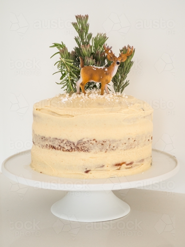 Frosted Christmas cake with mini trees and deer decoration - Australian Stock Image