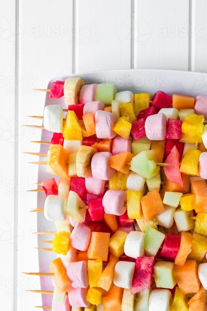 fruit skewers, with marshmellows, party food - Australian Stock Image