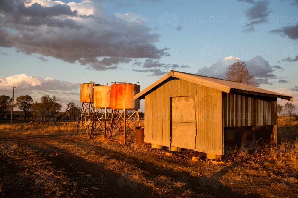Fuel Bowsers and Shed on Agricultural Farm - Australian Stock Image