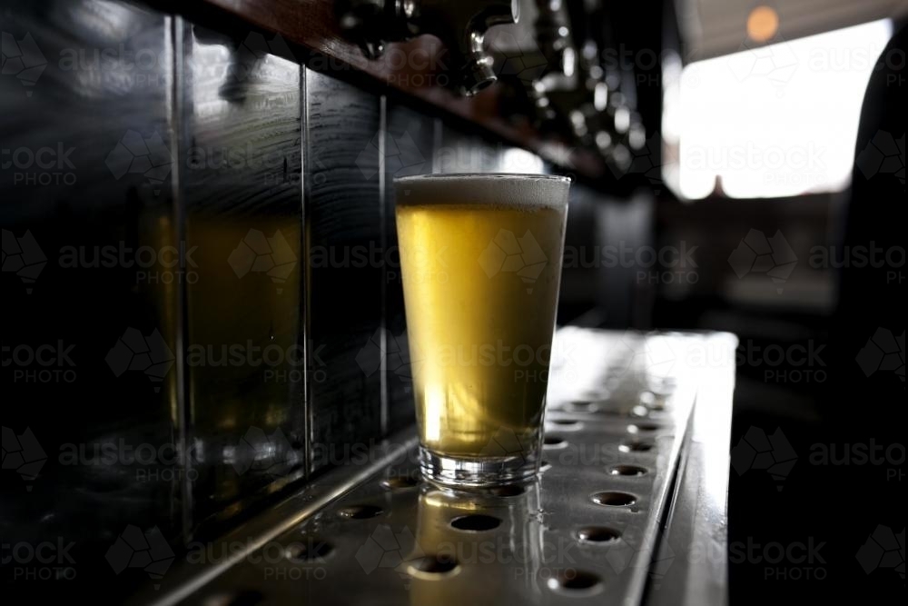 Full glass of beer poured from tap at local craft beer bar - Australian Stock Image