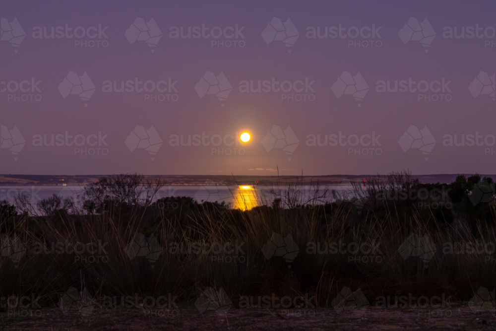 Full Moon Rising Over American River at Twilight, Kangaroo Island - Australian Stock Image