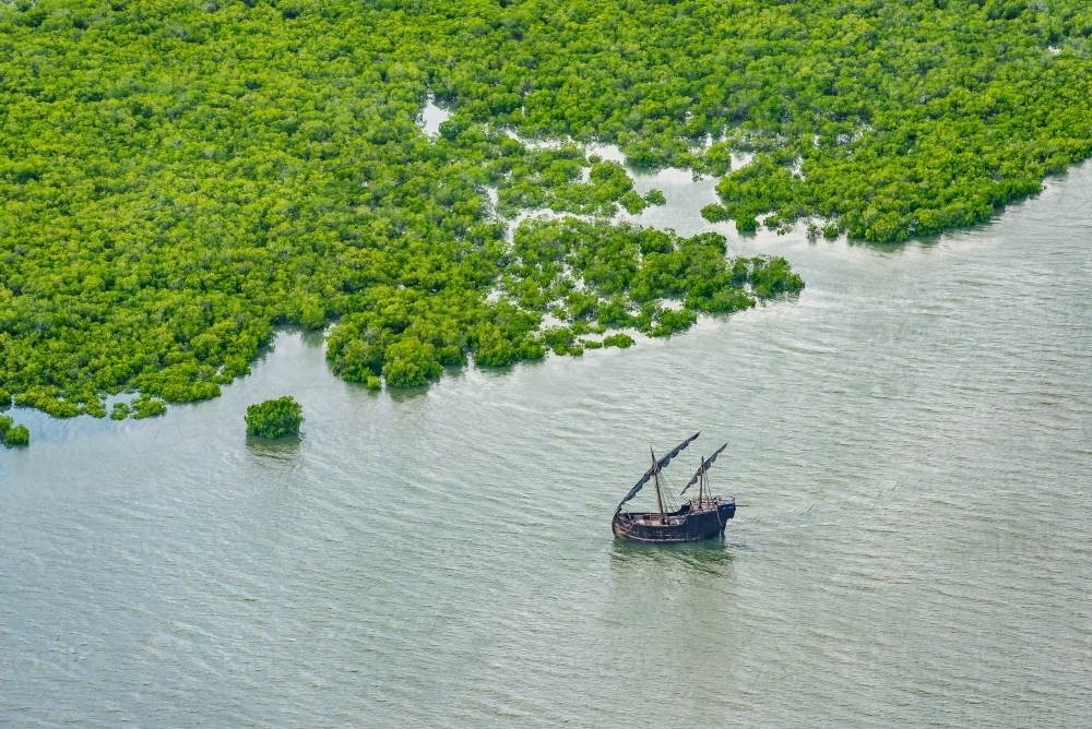 Galleon type boat anchored in a creek near the Narrows - Australian Stock Image