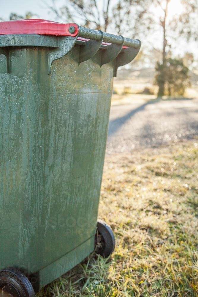 Garbage bin on the roadside early in the morning - Australian Stock Image