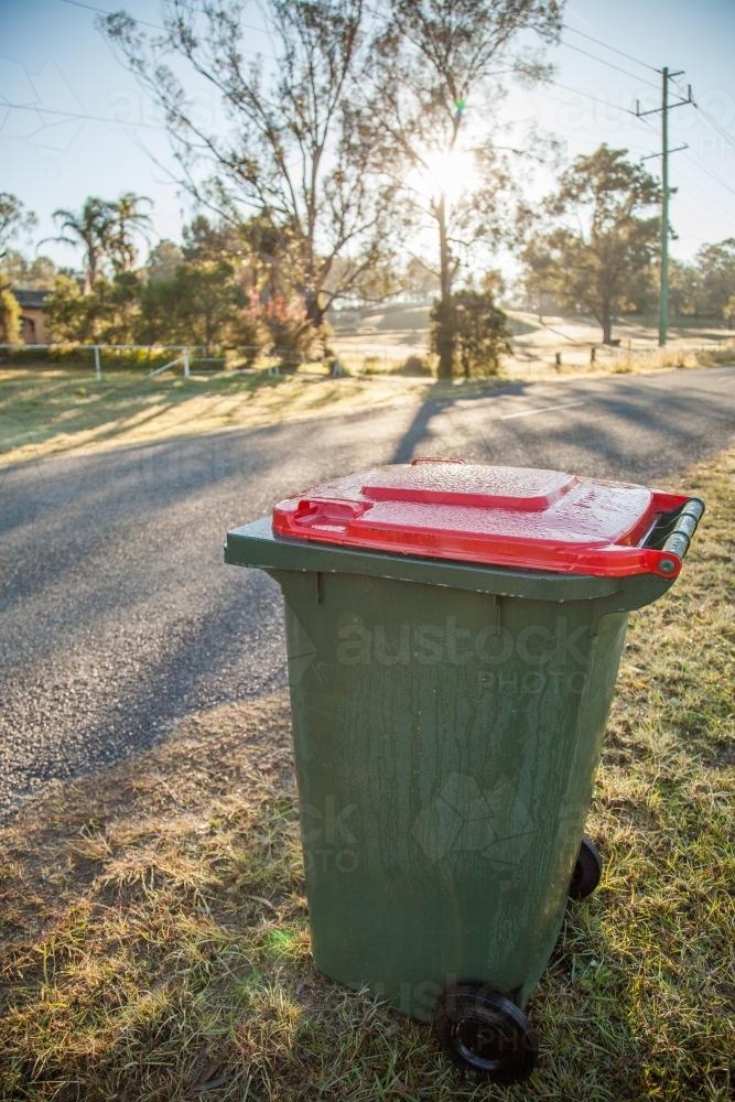 Garbage bin on the roadside early in the morning - Australian Stock Image