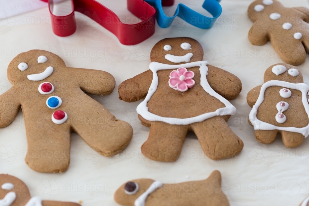 Gingerbread family with pet dog and cookie cutters - Australian Stock Image