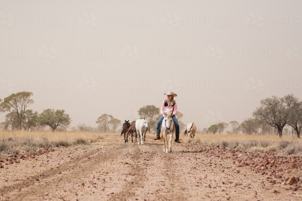 Girl rider and horses in dust storm - Australian Stock Image