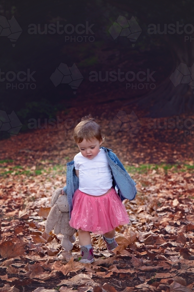 Girl With Toy Rabbit Running and Playing in Autumn Leaves - Australian Stock Image