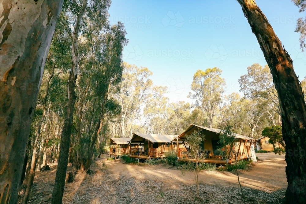 Glamping tents set up on the Gunbower Creek at Koondrook Victoria Australia - Australian Stock Image