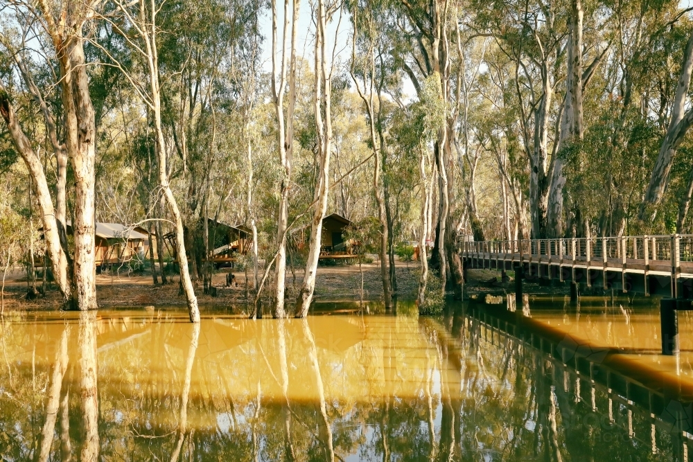 Glamping tents set up on the Gunbower Creek at Koondrook Victoria Australia - Australian Stock Image