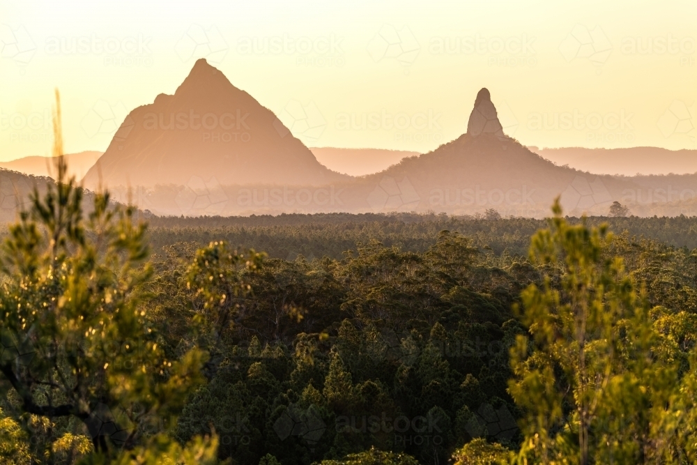 Glasshouse Mountains Landscape at Sunset - Australian Stock Image