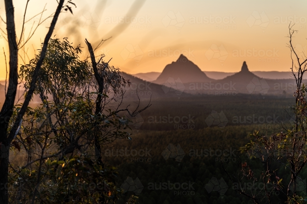 Glasshouse Mountains Landscape at Sunset - Australian Stock Image