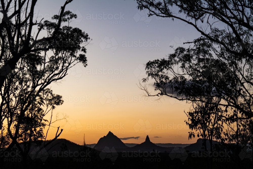 Glasshouse Mountains Landscape at Sunset - Australian Stock Image