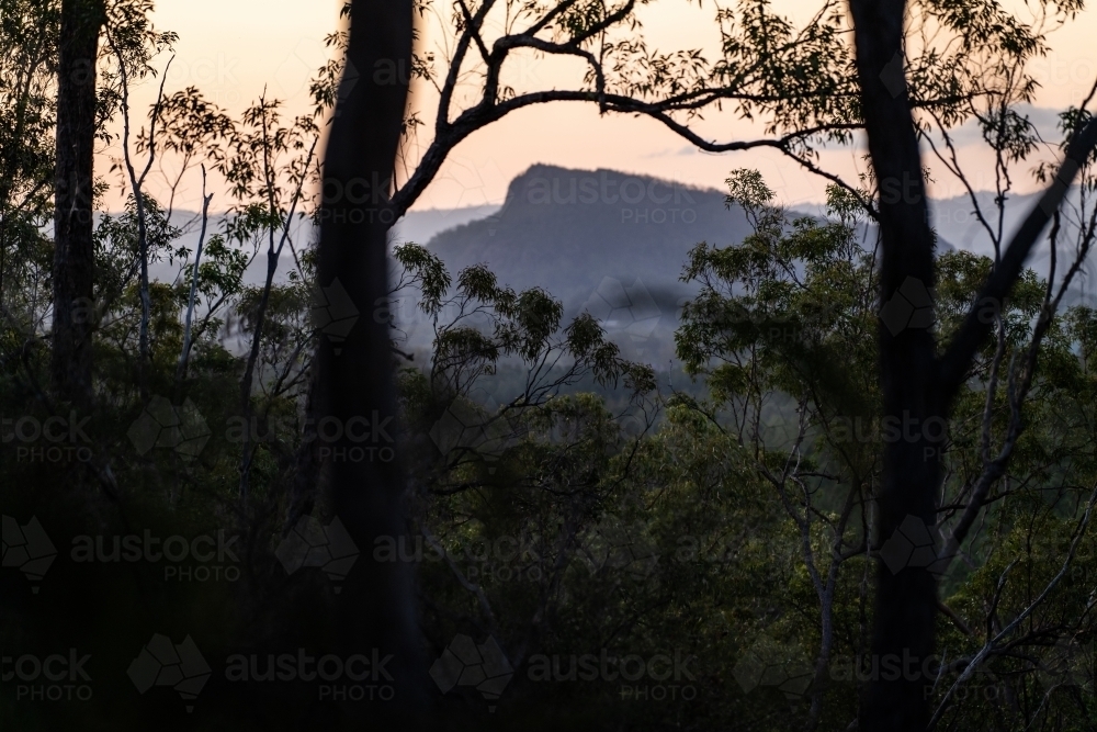 Glasshouse Mountains Landscape at Sunset - Australian Stock Image