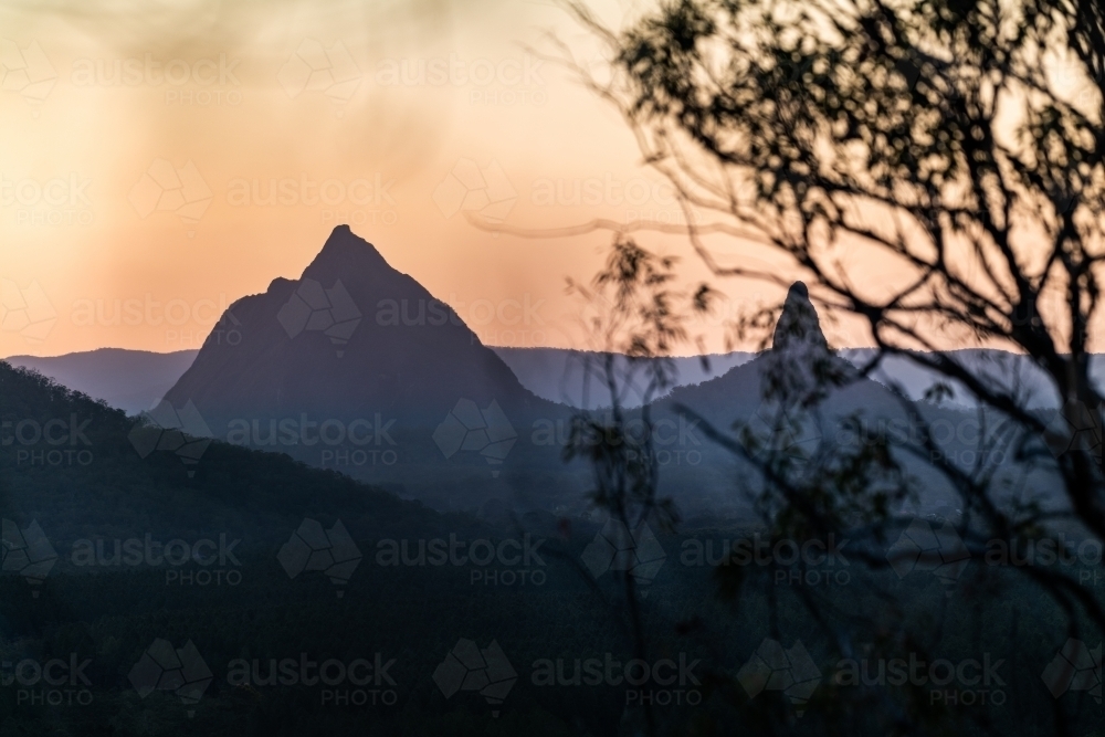 Glasshouse Mountains Landscape at Sunset - Australian Stock Image