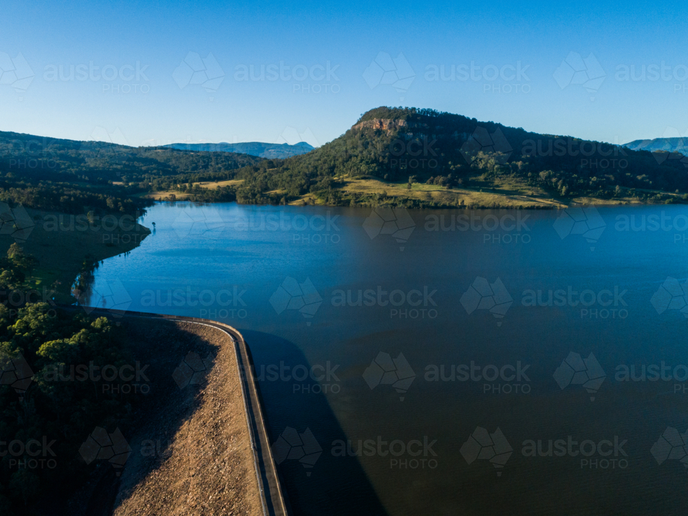 Glennies creek dam wall water supply seen from aerial view in Hunter Valley - Australian Stock Image