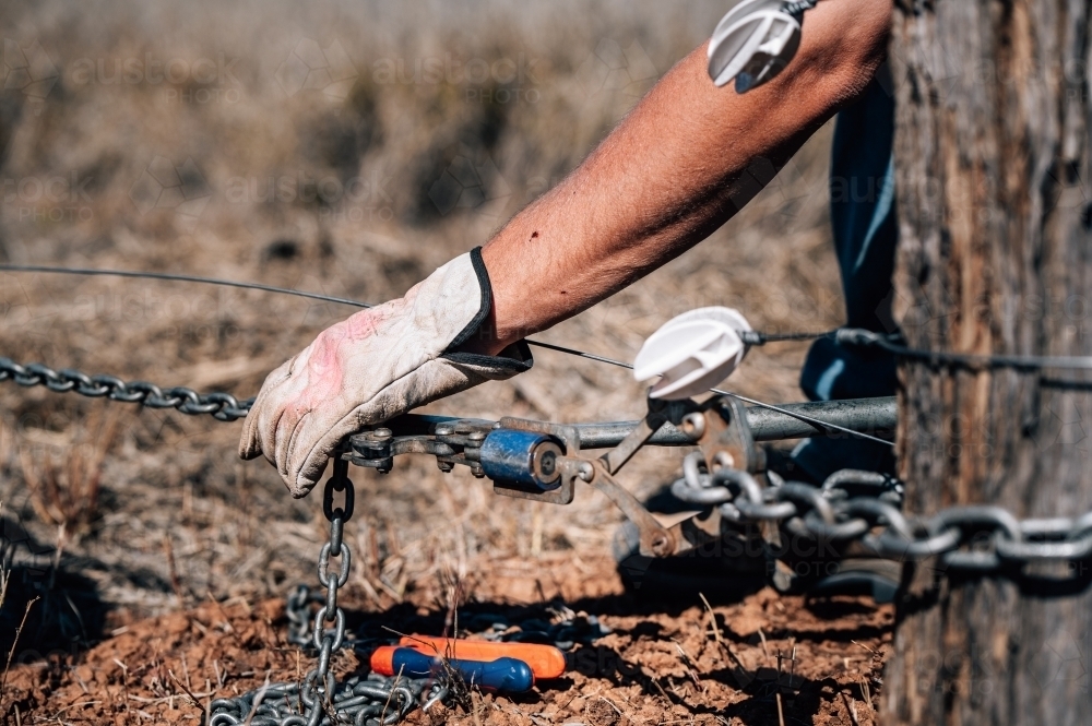 Gloved hand fixing wires of a fence - Australian Stock Image