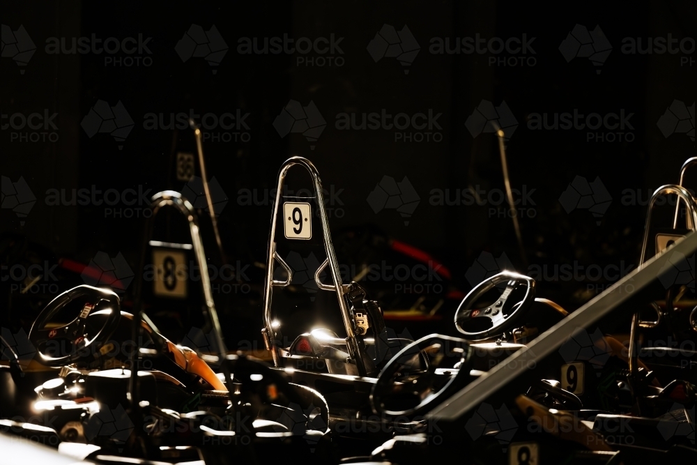 Go Karts lined up at indoor race track - Australian Stock Image