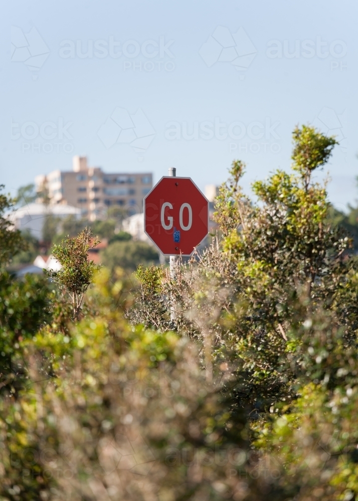 'Go' sign in city parkland - Australian Stock Image
