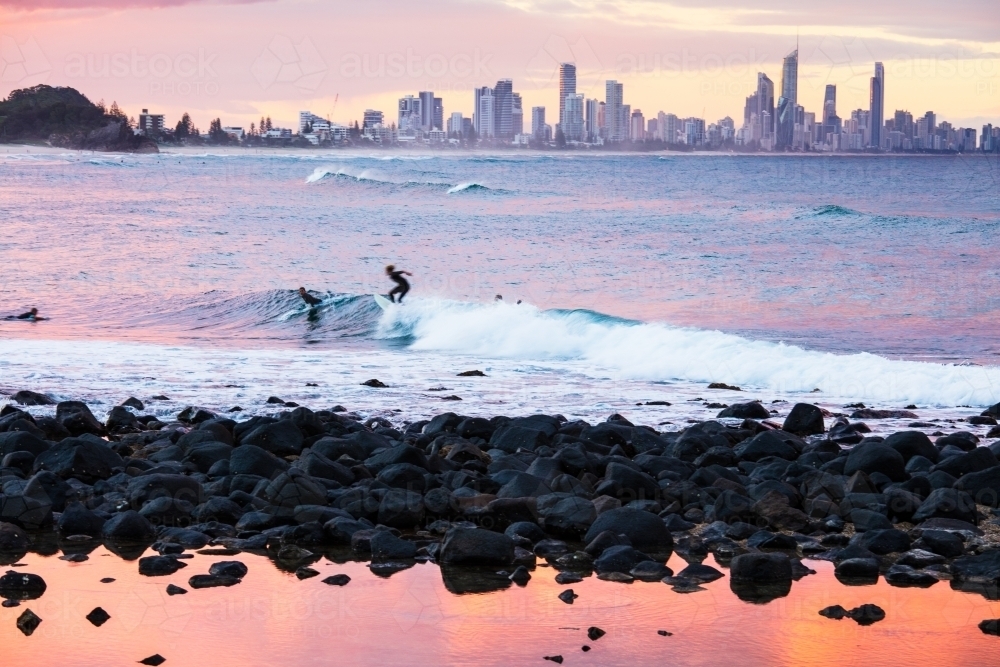 Gold Coast Surf and Buildings from Burleigh - Australian Stock Image